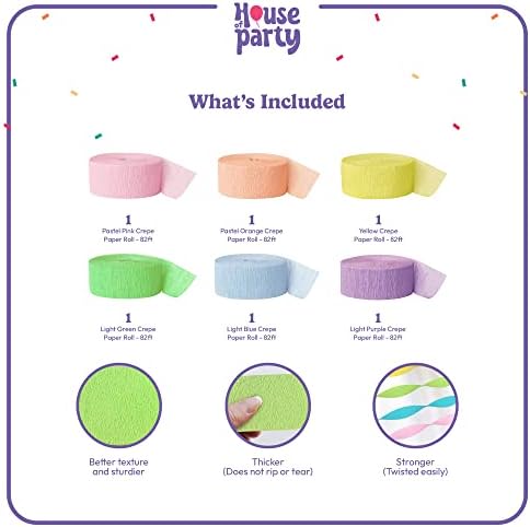 HOUSE OF PARTY Pastel Crepe Paper Streamers - 6 Rolls 492ft Total