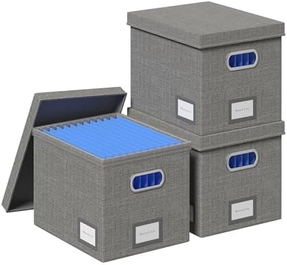 3-Pack File Organizer Box with Lid and Hanging Folders - Grey