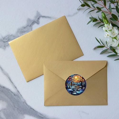 2in Round Label Stickers 100pcs Winter Snow House Stained Glass Christmas Decals