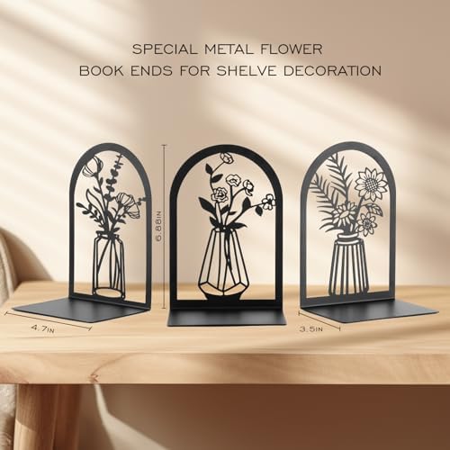 3 Pair Decorative Metal Bookends with Flower Designs