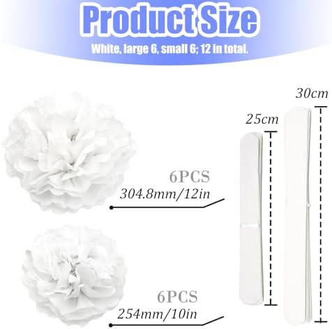 Hocansen 12Pcs Tissue Paper Pompoms 10in 12in White Decorations