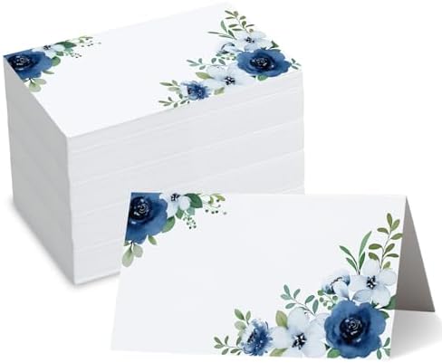 Whaline 100 Pcs Floral Place Cards White Blue Tented