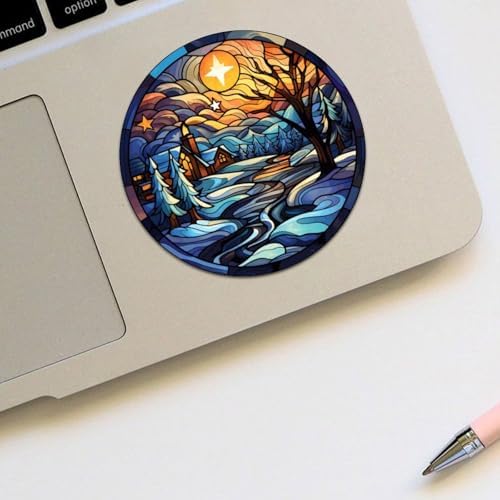 2in Round Label Stickers 100pcs Winter Snow House Stained Glass Christmas Decals