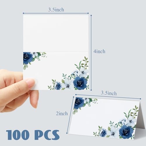 Whaline 100 Pcs Floral Place Cards White Blue Tented