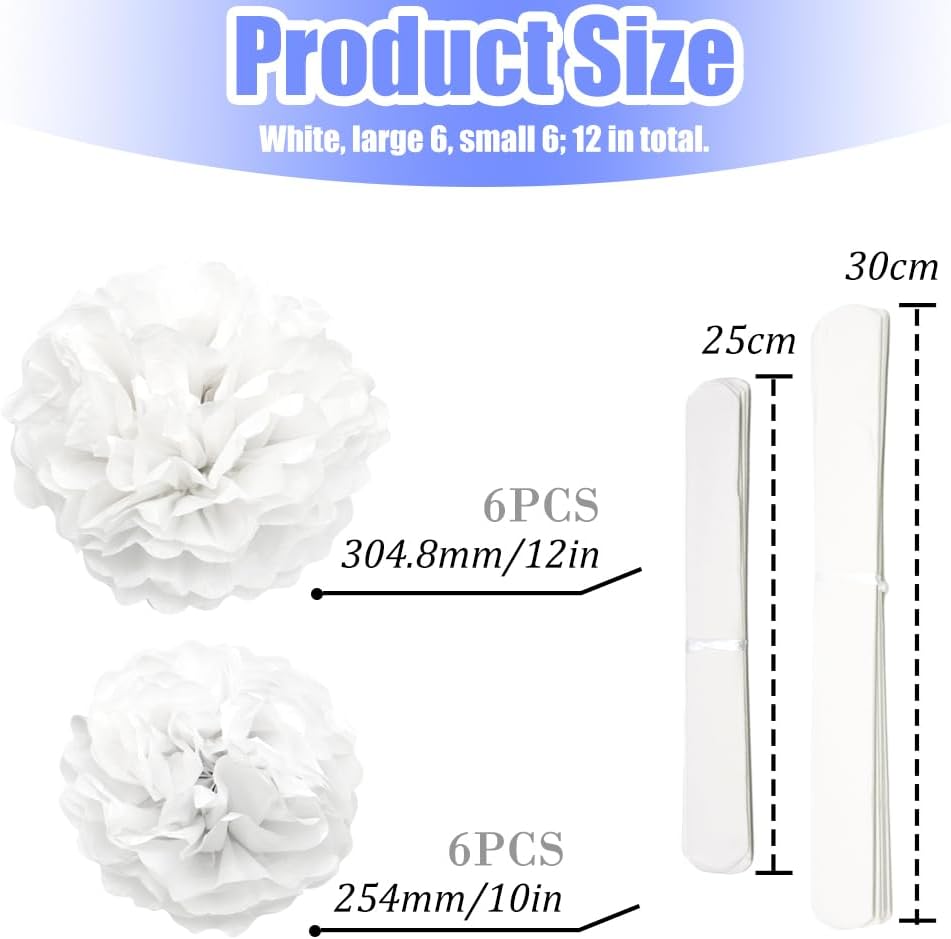 Hocansen 12Pcs Tissue Paper Pompoms 10in 12in White Decorations