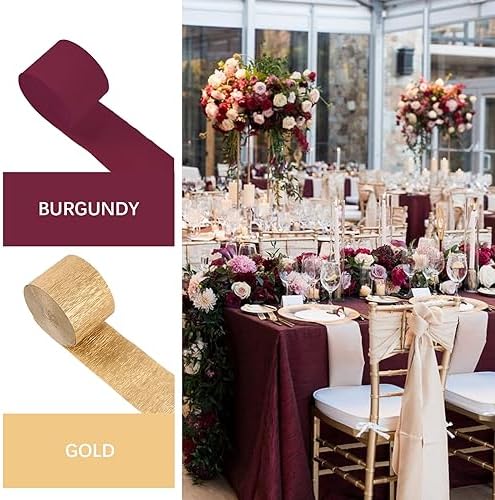 PartyWoo Crepe Paper Streamers 6 Rolls 492ft Burgundy Gold