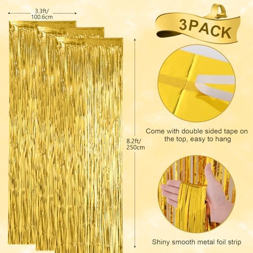 3 Pack Gold Foil Fringe Backdrop Curtains for Parties