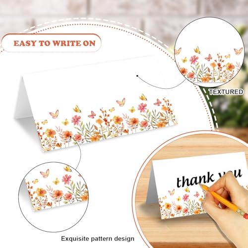 Whaline 100 Pcs Fall Place Cards Wildflower Butterfly Tent Name Cards