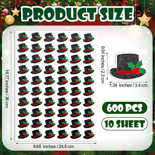 Honoson 600 Pcs Tiny Glitter Christmas Top Hat Stickers