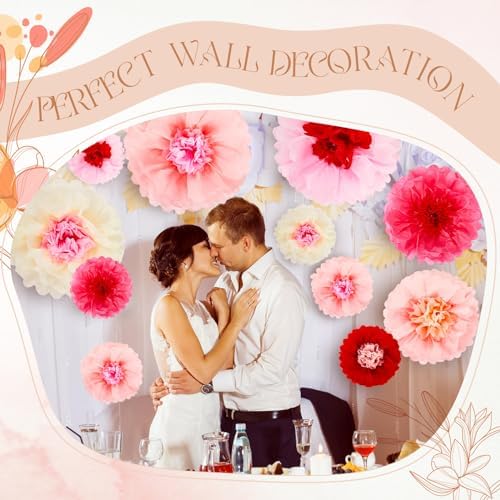Hotop 36 Pcs Pink Red Paper Flowers Pom Poms Decor