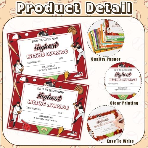 Baseball Achievement Certificates 60Pcs Set