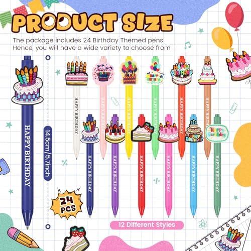 24 Pcs Birthday Themed Cute Pens Set