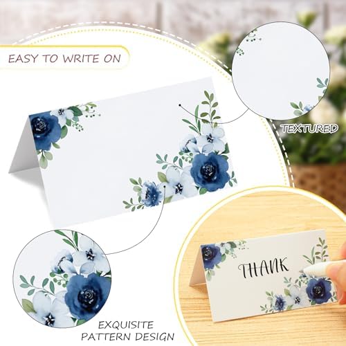 Whaline 100 Pcs Floral Place Cards White Blue Tented