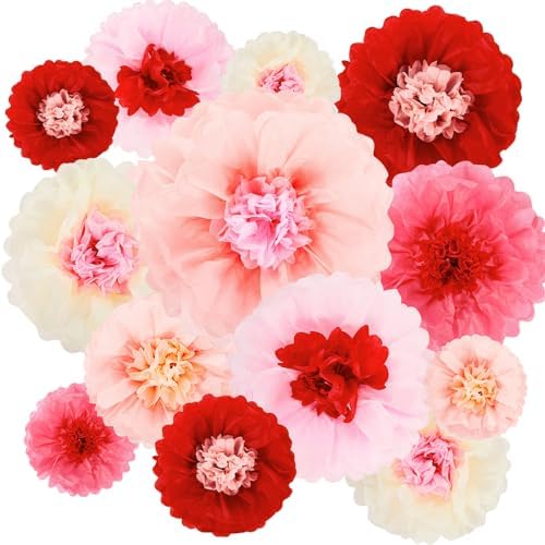 Hotop 36 Pcs Pink Red Paper Flowers Pom Poms Decor