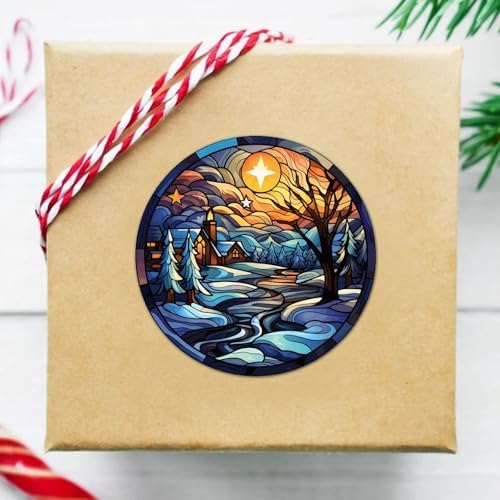 2in Round Label Stickers 100pcs Winter Snow House Stained Glass Christmas Decals