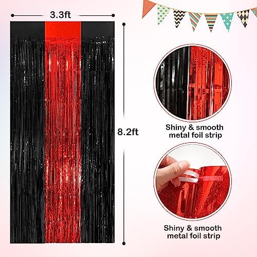 Foil Fringe Curtains 2 Pack Black Red Tinsel Party Decor