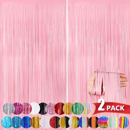 Pastel Pink Metallic Tinsel Fringe Curtains 2 Pack