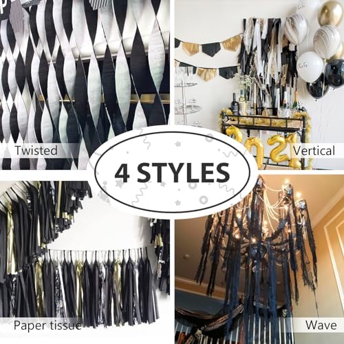 PartyWoo Black Crepe Paper Streamers 4 Rolls 328ft Pack