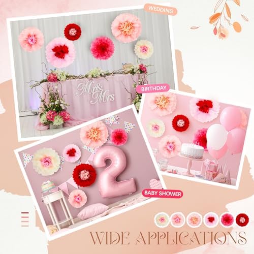 Hotop 36 Pcs Pink Red Paper Flowers Pom Poms Decor