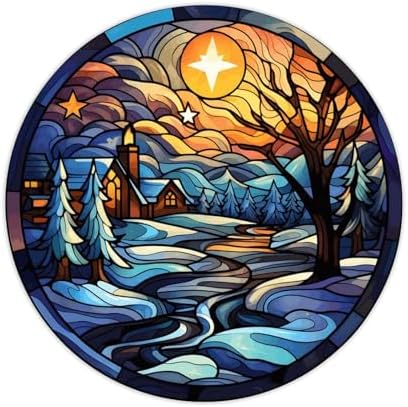 2in Round Label Stickers 100pcs Winter Snow House Stained Glass Christmas Decals