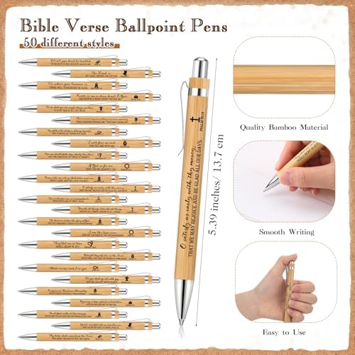 50 Set Christian Gift Bundle Bamboo Pens Scripture Keychains Bible Bookmarks