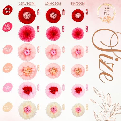 Hotop 36 Pcs Pink Red Paper Flowers Pom Poms Decor