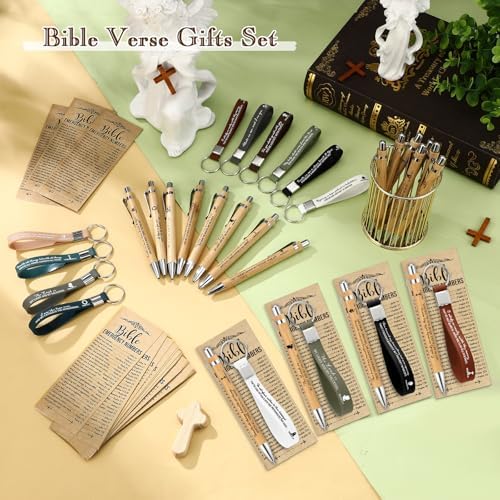 50 Set Christian Gift Bundle Bamboo Pens Scripture Keychains Bible Bookmarks