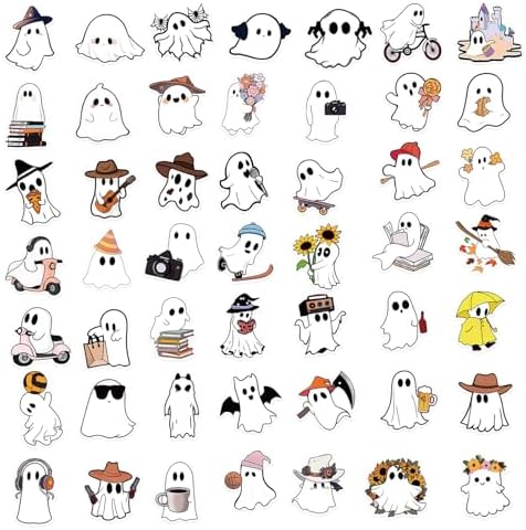 50Pcs Halloween Ghost Theme Stickers for Water Bottles Laptops and Cups