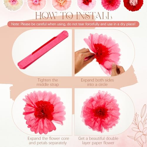 Hotop 36 Pcs Pink Red Paper Flowers Pom Poms Decor