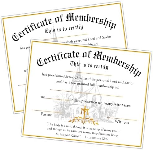 Church Membership Certificates 25 Pcs Gold Foil Recognition