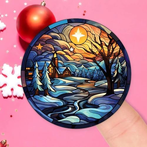 2in Round Label Stickers 100pcs Winter Snow House Stained Glass Christmas Decals