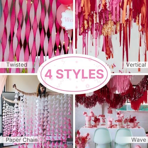 PartyWoo Pink and Red Crepe Paper Streamers 4 Rolls 328 Feet Total