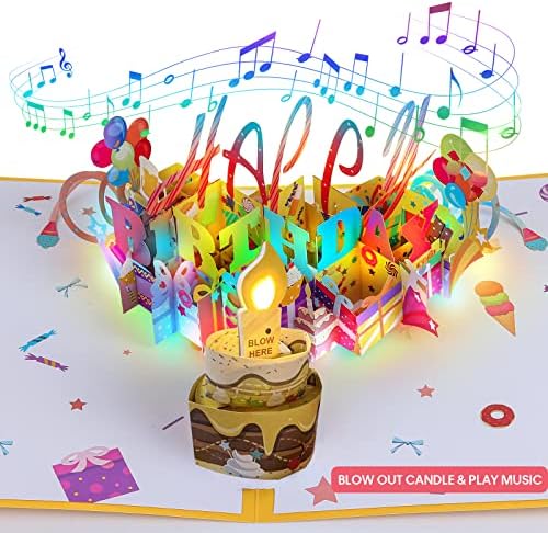 3D Musical Birthday Popup Card with LED Lights and Blowable Candles