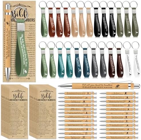 50 Set Christian Gift Bundle Bamboo Pens Scripture Keychains Bible Bookmarks