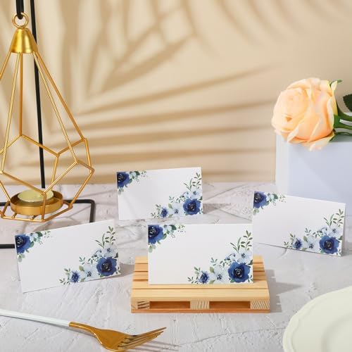 Whaline 100 Pcs Floral Place Cards White Blue Tented
