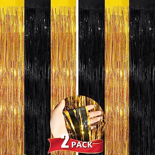 Black Gold Metallic Tinsel Foil Curtains 2 Pack
