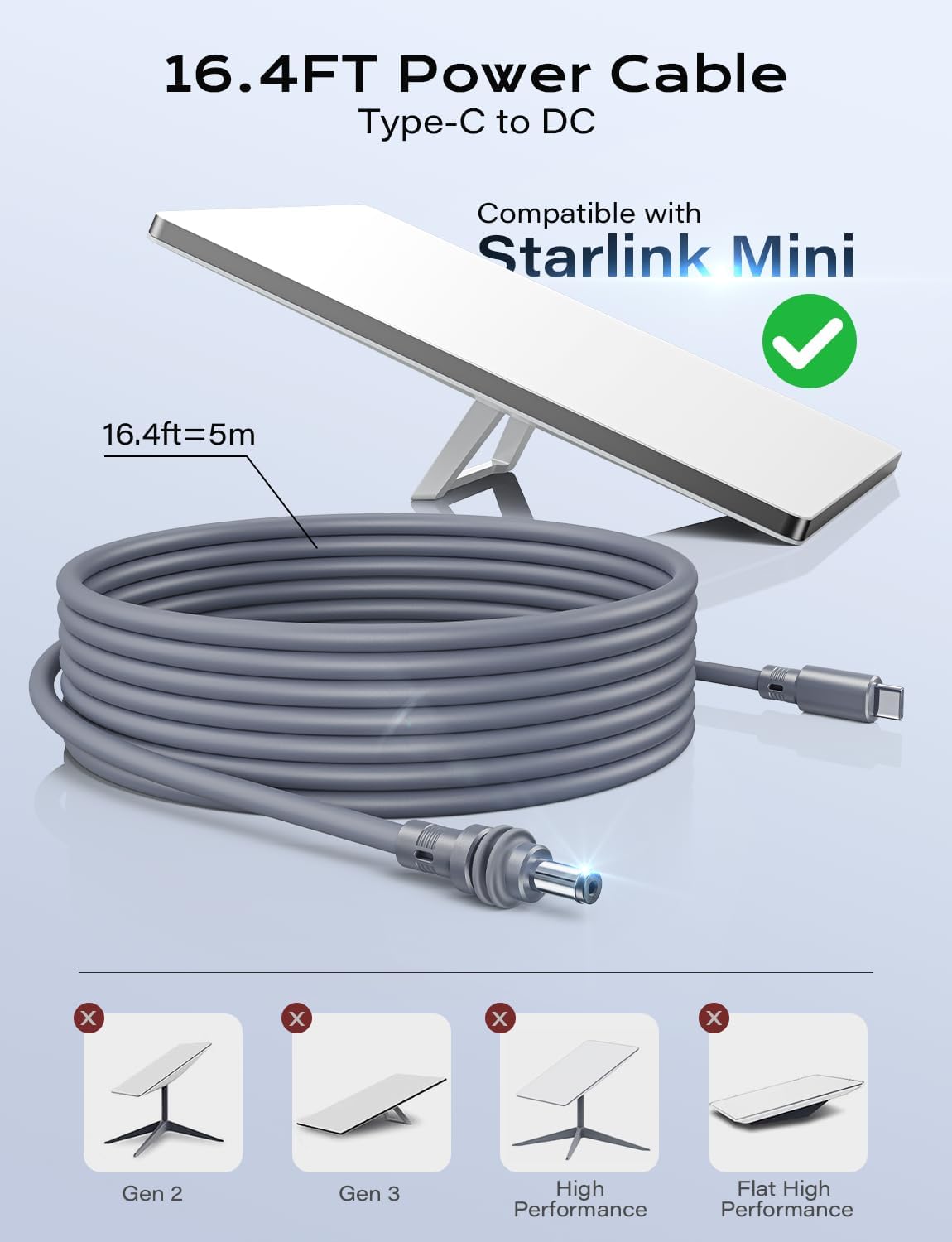 Starlink Mini 5M USB-C to DC Power Cable with Waterproof 18AWG