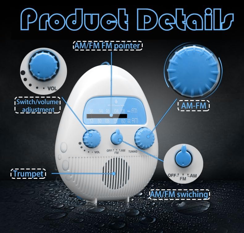 Shower Radio with AM FM Splash Proof and Rotating Knob