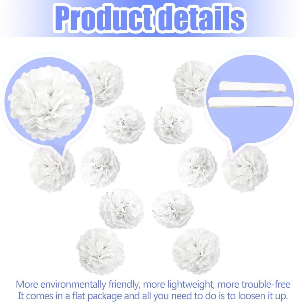 Hocansen 12Pcs Tissue Paper Pompoms 10in 12in White Decorations