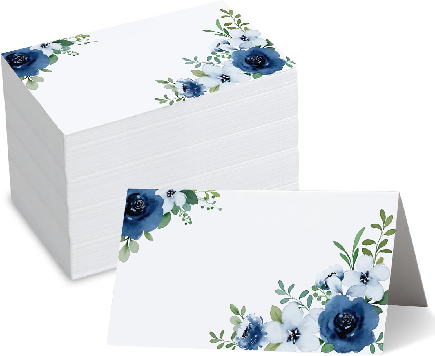 Whaline 100 Pcs Floral Place Cards White Blue Tented