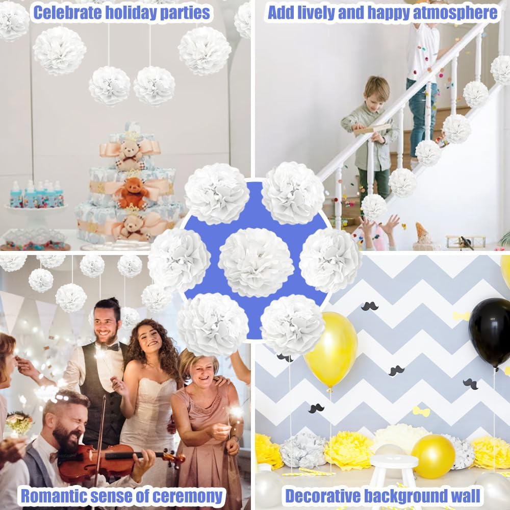 Hocansen 12Pcs Tissue Paper Pompoms 10in 12in White Decorations