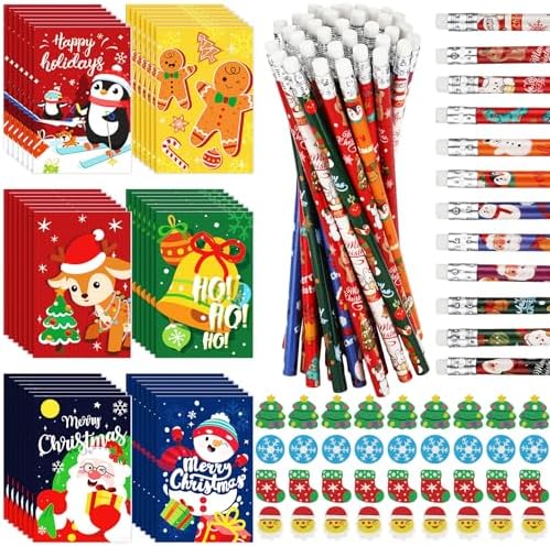 Cholemy 144 Pcs Christmas Party Favor Set with Pencils Erasers Notebooks Elk