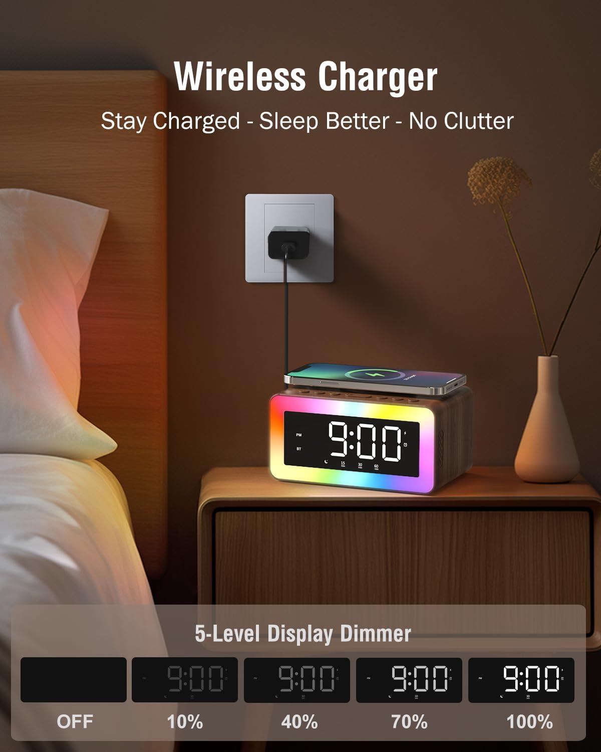Bitswolee All-in-One Alarm Clock with Wireless Charging