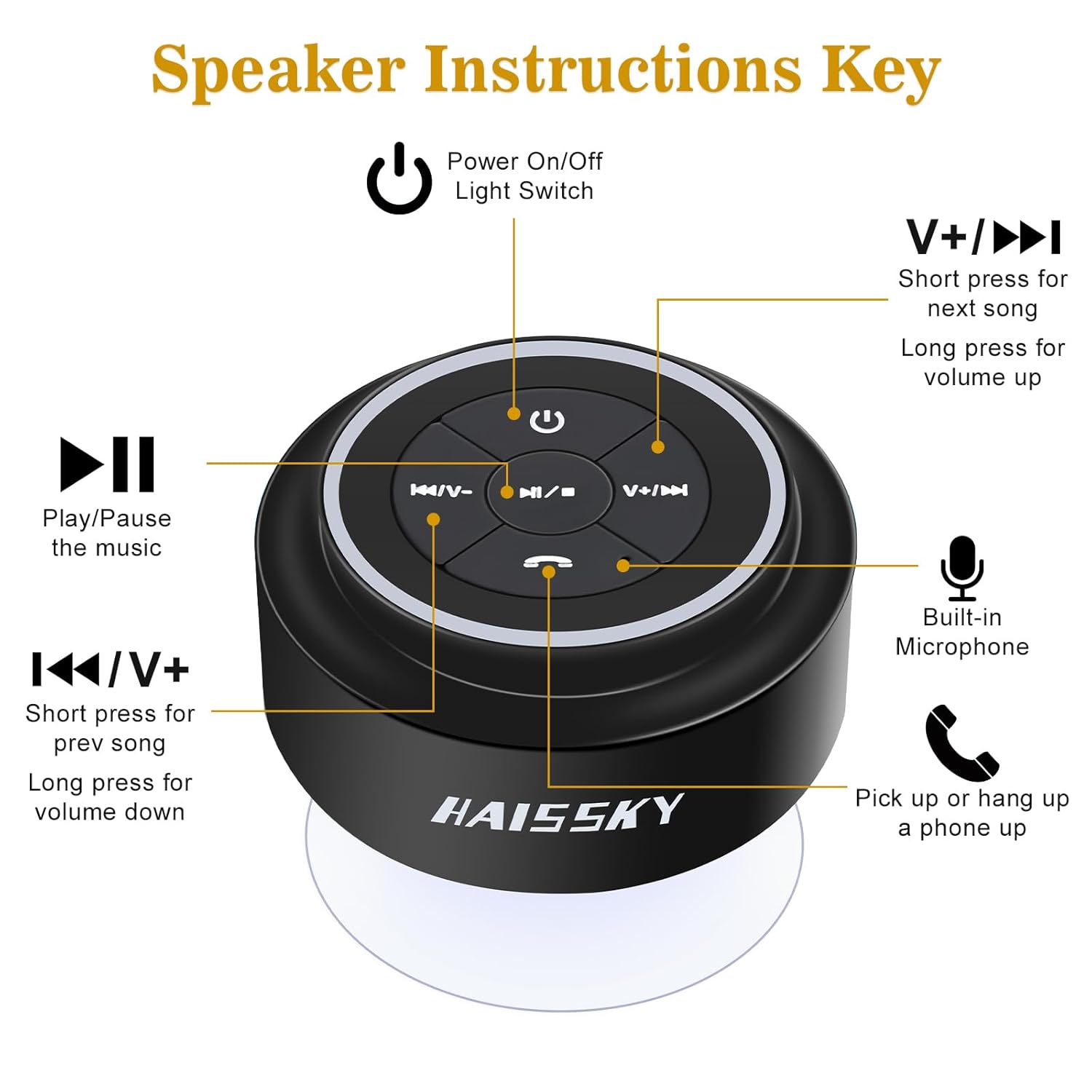 HaiSSKY Bluetooth Shower Speaker IPX7 Waterproof with LED Light