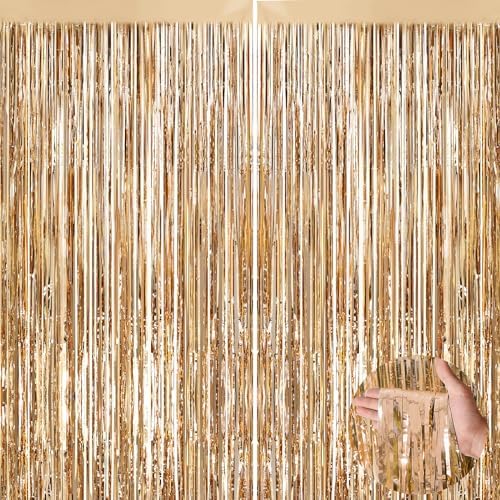 Champagne Gold Metallic Tinsel Foil Curtains 2 Pack