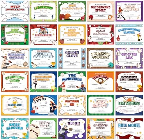 Baseball Achievement Certificates 60Pcs Set