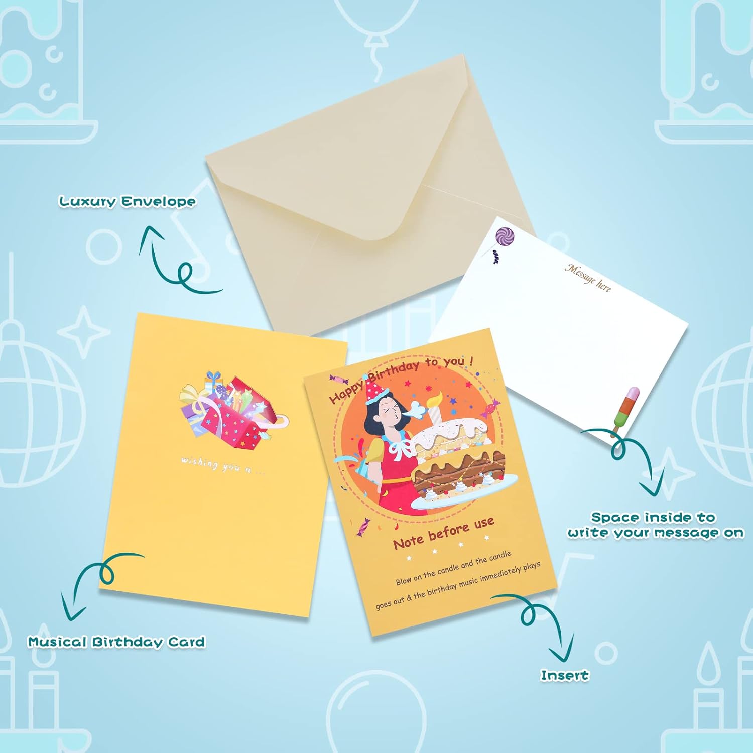 3D Musical Birthday Popup Card with LED Lights and Blowable Candles
