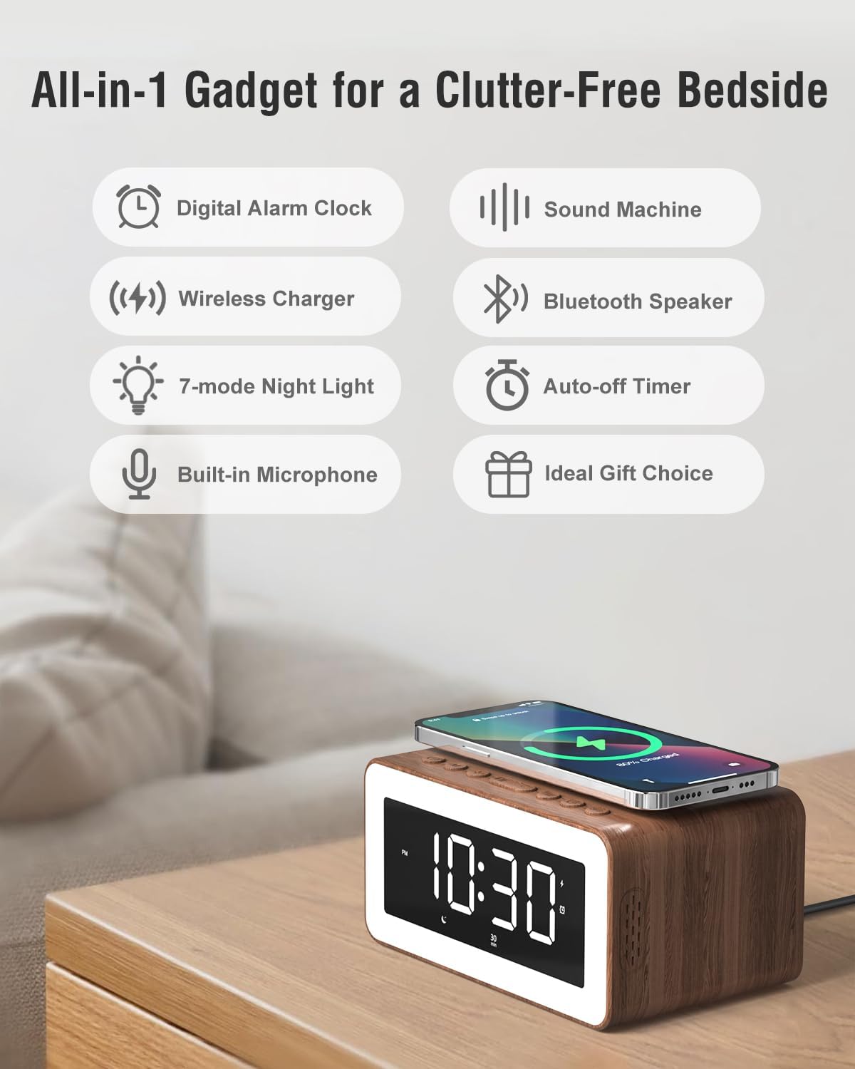 Bitswolee All-in-One Alarm Clock with Wireless Charging
