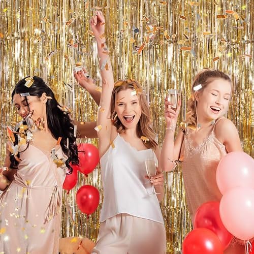 Champagne Gold Metallic Tinsel Foil Curtains 2 Pack
