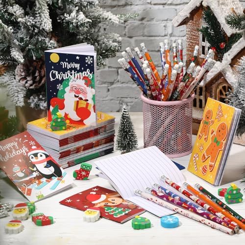 Cholemy 144 Pcs Christmas Party Favor Set with Pencils Erasers Notebooks Elk